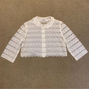 Vintage 1970s Ben Goodman Ivory Sheer Lace Cropped Button-Front Top Shirt Blazer